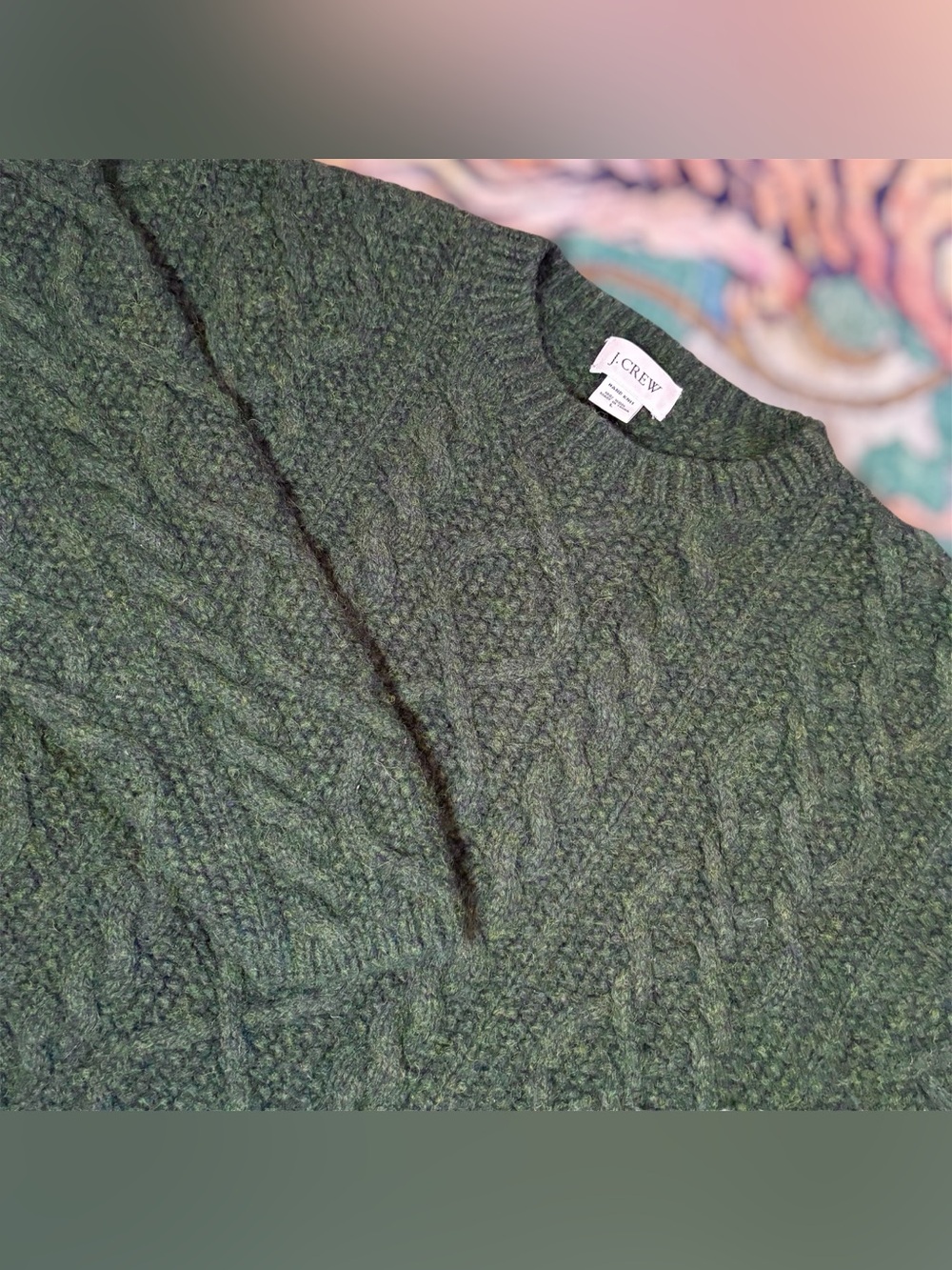 J Crew Chunky Cable Knit Sweater100% Wool Green Fisherman Pullover Classic